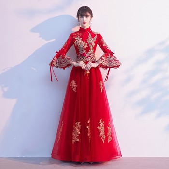 Suknia ślubna Cheongsam qipao z haftem w chińskim stylu, bordowa, elegancka, czerwona, długa, dla panny młodej, w dużym rozmiarze 3XL
