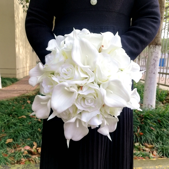 Bukiety ślubne - Proste okrągłe białe róże, prawdziwy dotyk, Calalily, druhna, Mariage - tanie ubrania i akcesoria