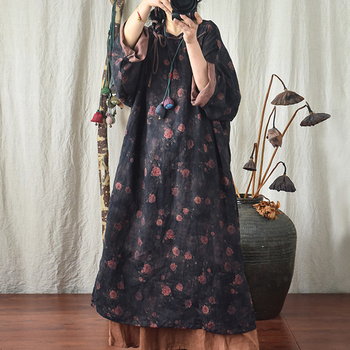 Sukienka lniana o klasycznym kroju Johnature Women Chinese Style z długim rękawem i kwiecistym nadrukiem
