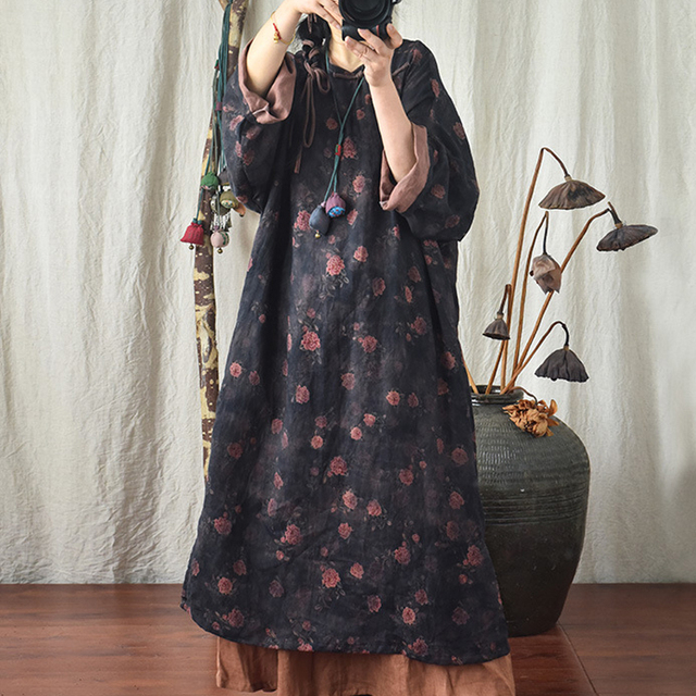 Sukienka lniana o klasycznym kroju Johnature Women Chinese Style z długim rękawem i kwiecistym nadrukiem - tanie ubrania i akcesoria