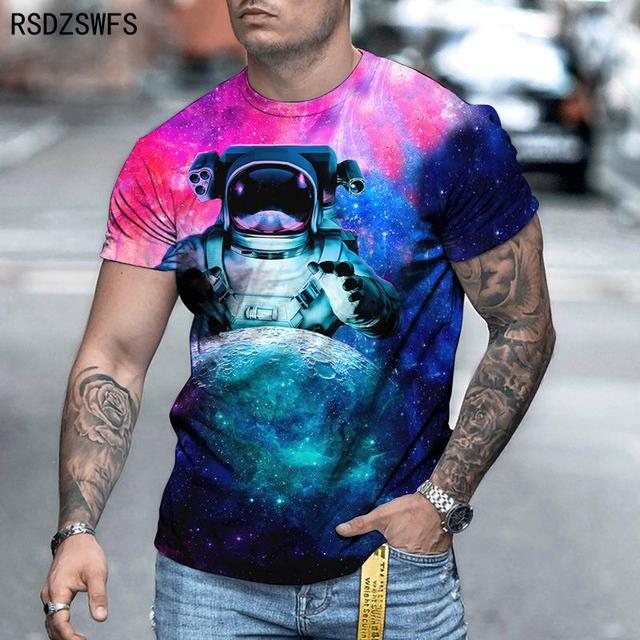 Męska koszulka z 3D nadrukiem w stylu astronauty, luźny fason z krótkim rękawem i wycięciem pod szyją, rozmiar 5XL - tanie ubrania i akcesoria