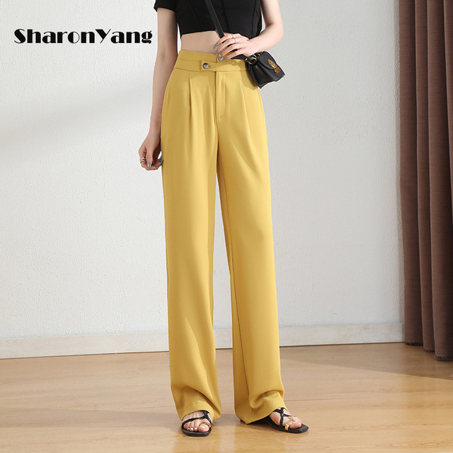 Spodnie capri damskie jedwabno-lodowe żółte, szerokie nogawki, wysoki stan, wrażenie opadania, rozmiar Plus Size, lato 2021 - tanie ubrania i akcesoria