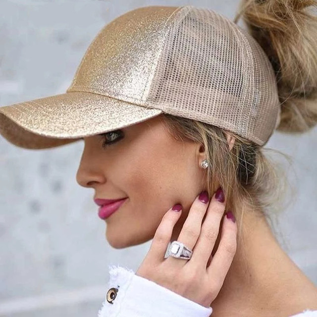 Kucyk czapka z daszkiem damska zmiękczana bawełna w casualowym stylu, letnia typu Snapback z brokatem - tanie ubrania i akcesoria