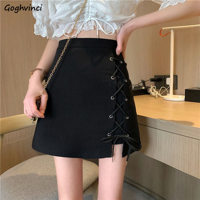 Spódnica damska A-line Mini czarna - sznurowana, wysoka talia, koreański styl, asymetryczna - tanie ubrania i akcesoria