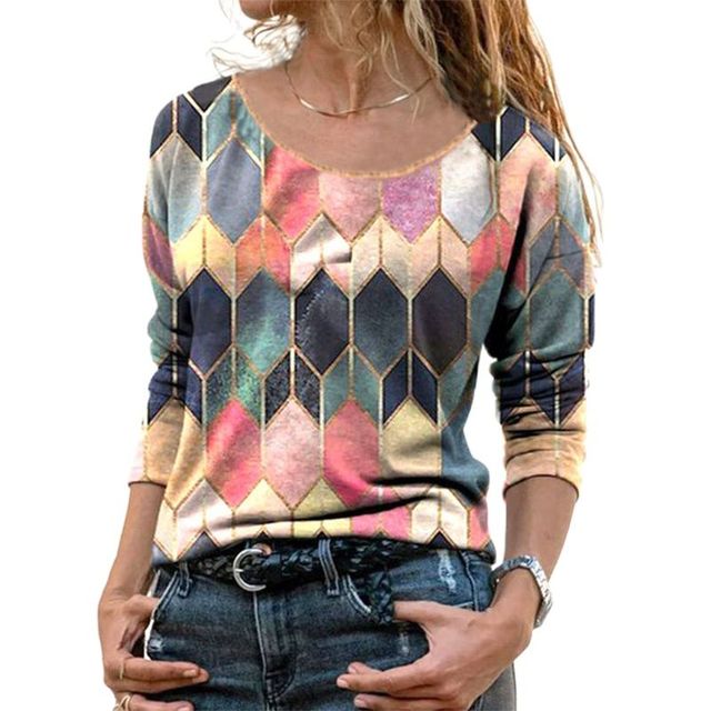 Damska koszula z długim rękawem z nadrukiem geometrycznym i patchworkiem w stylu casual - jesień/zima - tanie ubrania i akcesoria