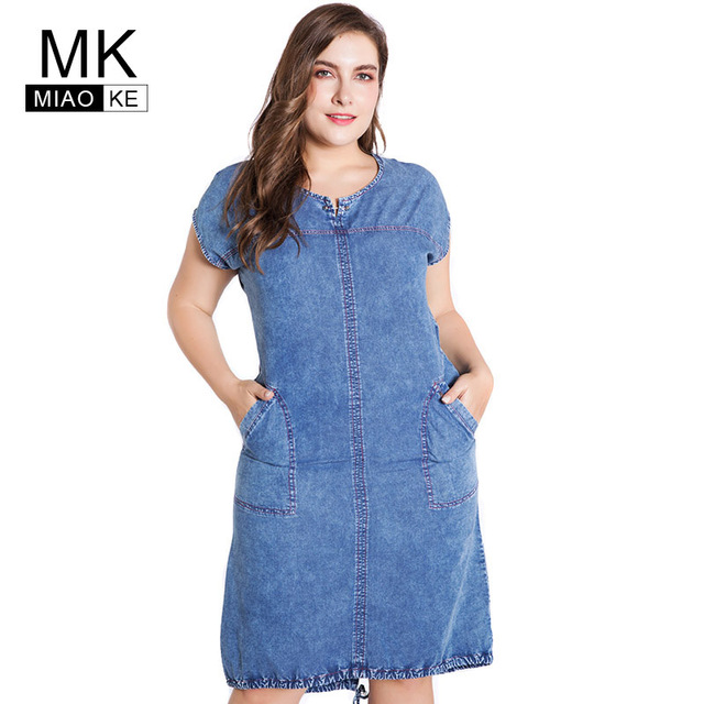 Sukienka jeansowa dla pań plus-size wokół szyi z kieszeniami, elegancka (4XL-6XL) - tanie ubrania i akcesoria