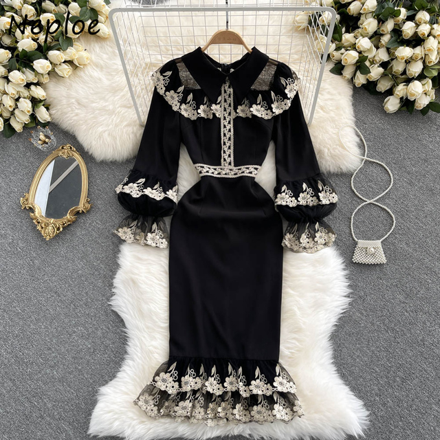 Suknia Neploe Temperament styl pałacowy, rozszerzane rękawy z haftem trąbka - rocznik 2022 - tanie ubrania i akcesoria