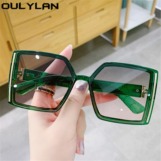 Klasyczne kwadratowe okulary przeciwsłoneczne Oulylan zielone gradientowe UV400 - tanie ubrania i akcesoria