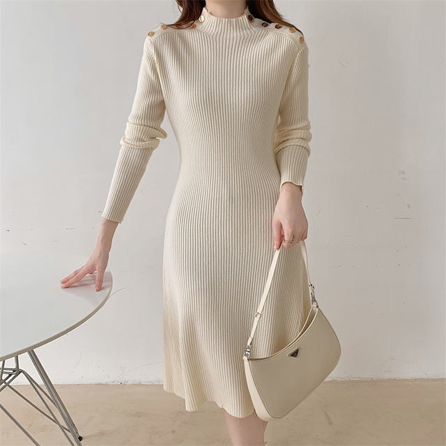 Dzianinowe sukienki Midi jesienno-zimowe dla kobiet 2021 - elegancka sukienka Vintage, biurowy styl, zdobywaj talię - beżowa, czarna, szata - tanie ubrania i akcesoria
