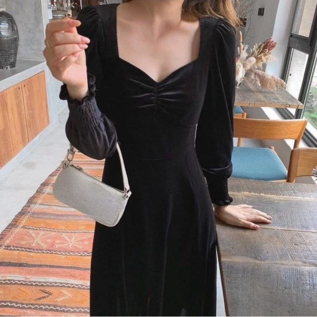 Czarna Aksamitna Sukienka Z Długim Rękawem w Stylu Vintage - Jesień 2021 - tanie ubrania i akcesoria