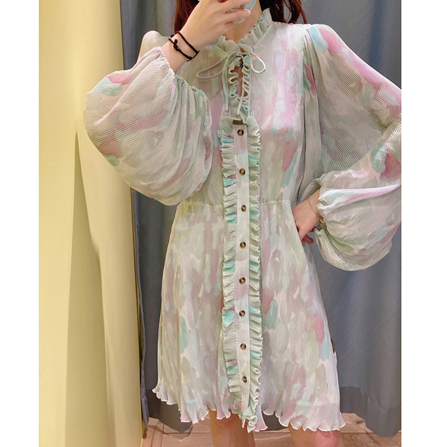 Kobieca plisowana sukienka vintage w kolorze patchwork z bufiastymi rękawami i delikatnymi falbankami - Wczesna wiosna 2021 - tanie ubrania i akcesoria