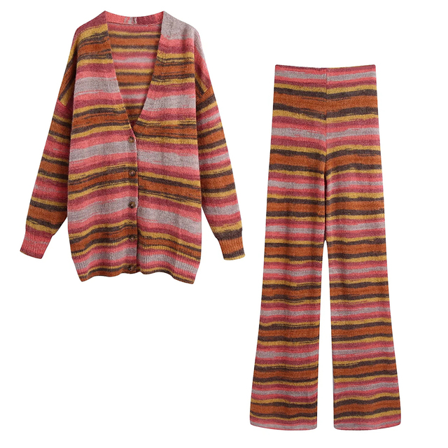 Jesienna damska Vintage dwuczęściowy zestaw w paski: luźny sweter z dekoltem w szpic i elastyczne spodnie Casual, wysoki stan - tanie ubrania i akcesoria