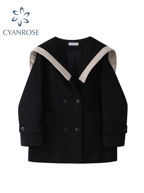 Kobiecy płaszcz marynarski w stylu Vintage z wełny i kołnierzykiem, długim rękawem oraz kieszeniami - 2021 jesień/zima - tanie ubrania i akcesoria