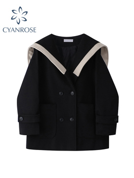 Kobiecy płaszcz marynarski w stylu Vintage z wełny i kołnierzykiem, długim rękawem oraz kieszeniami - 2021 jesień/zima