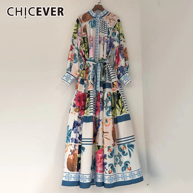 Sukienka CHICEVER z nadrukiem, stójka, długie rękawy, wysoka talia, kolorowe wzory, maxi długość - tanie ubrania i akcesoria