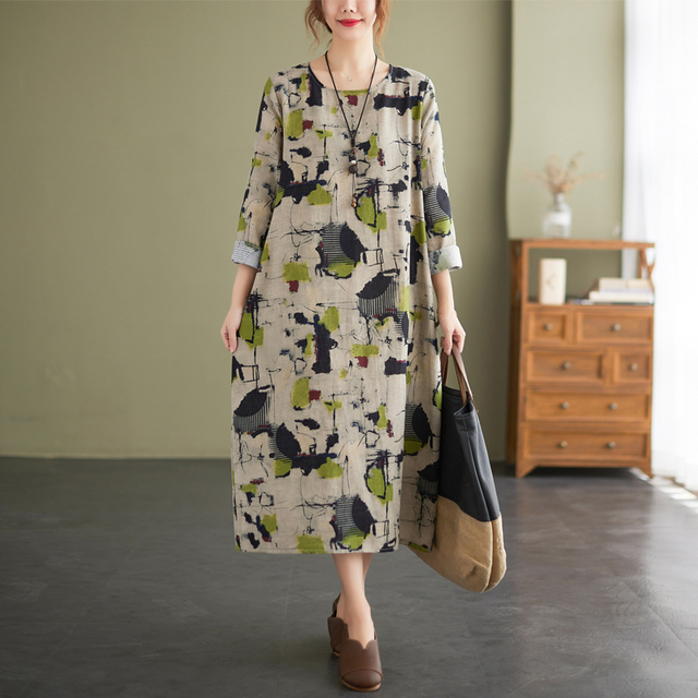 Elegancka sukienka w stylu Vintage z długim rękawem, w nadrukowane kwiaty - pościel bawełniana, wiosna/jesień 2021 - tanie ubrania i akcesoria