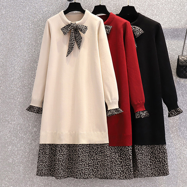 Sukienka Plus rozmiar Casual jesień EHQAXIN - styl koreański Vintage, w kwiaty długim rękawem z kokardą - tanie ubrania i akcesoria
