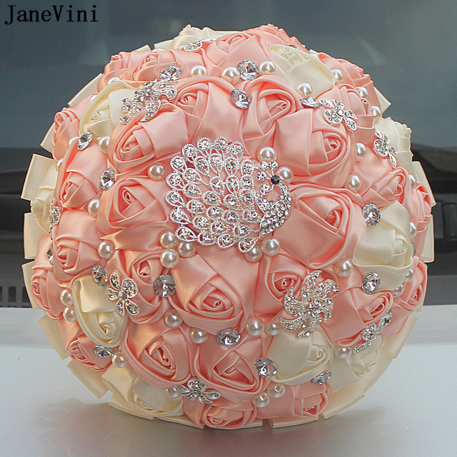 Elegancki ślubny bukiet kwiatów JaneVini z ozdobami z cyrkonii i perłami na satynowych różach - tanie ubrania i akcesoria