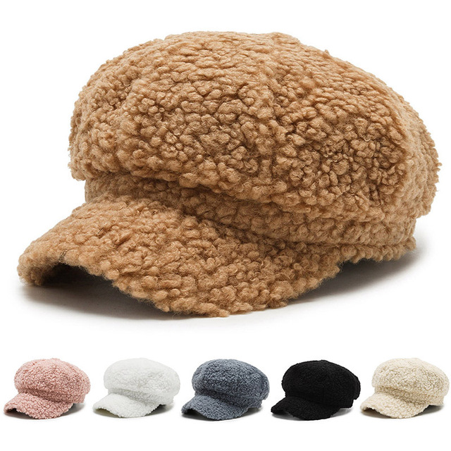 Solidny beret ośmiokątny z sztucznym futrem - jesień/zima - tanie ubrania i akcesoria
