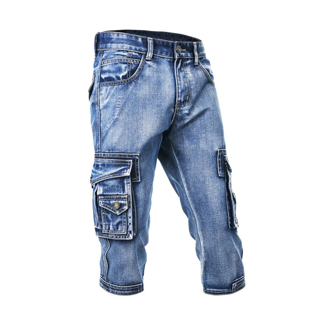 Męskie letnie spodenki jeansowe Idopy Retro Cargo - wyblakłe, wiele kieszeni, motocyklowy styl wojskowy - tanie ubrania i akcesoria