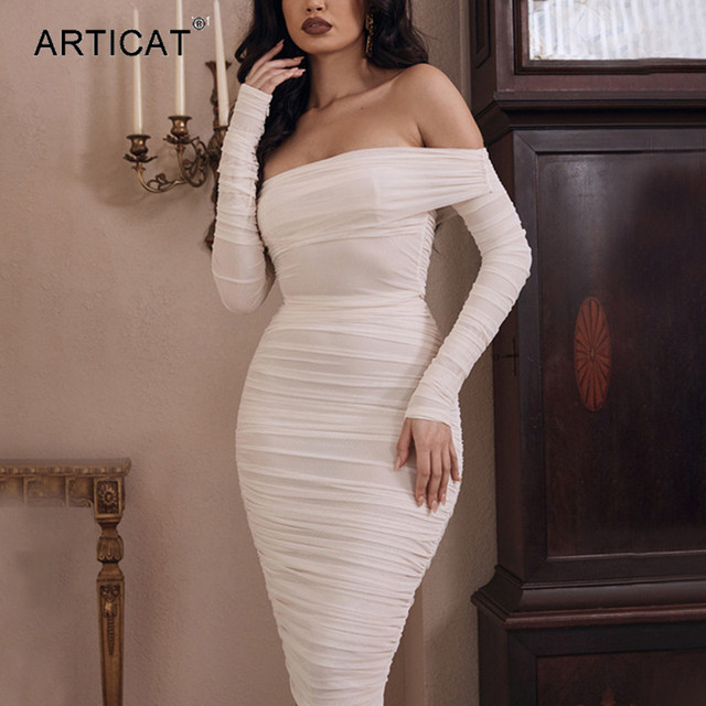 Sukienka Articat Mesh Sheer Off Shoulder Midi Party Dress - długi rękaw, biały, typu bodycon, elegancka sukienka dla kobiet na wiosnę - tanie ubrania i akcesoria