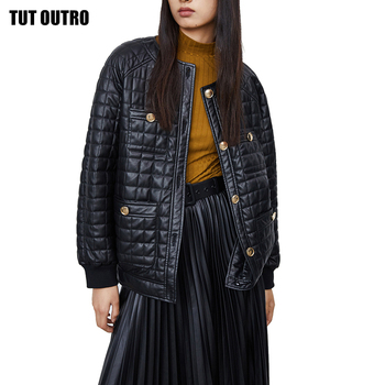 Czarna pikowana kurtka ze skóry sztucznej z długim rękawem dla kobiet na wiosnę i jesień, o-neck, szczupła moda streetwear