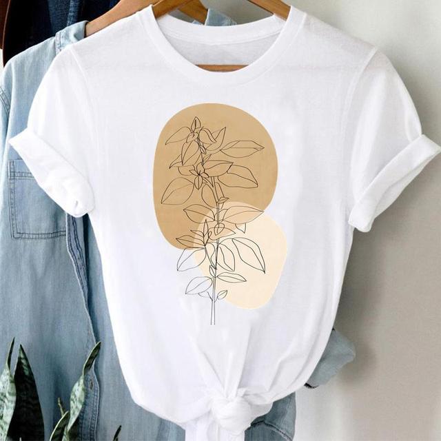 Koszulka damska z krótkim rękawem - wzór rośliny akwarelowej w stylu lat 90., regularny fason, grafika kreskówkowa - tanie ubrania i akcesoria