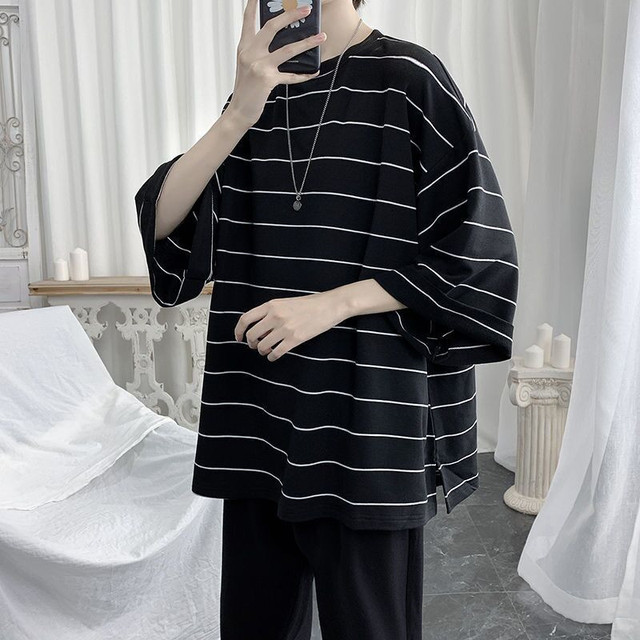 Męska koszulka z krótkim rękawem w dużym rozmiarze 2021 lato Streetwear Harajuku paski z Japonii luźne pół rękawa Hip Hop - tanie ubrania i akcesoria