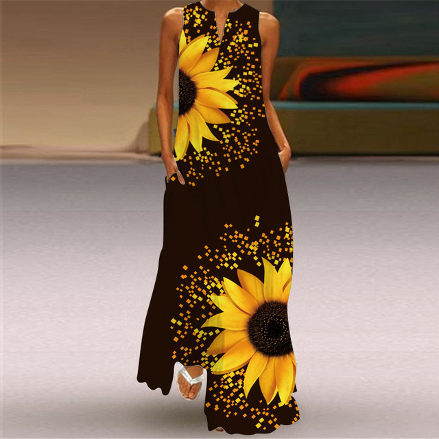 Elegancka długa sukienka bez rękawów czarnego koloru, V-neck, casual, plus rozmiar dla kobiet - lato, plaża, boho, kwiatowy wzór (5XL) - tanie ubrania i akcesoria