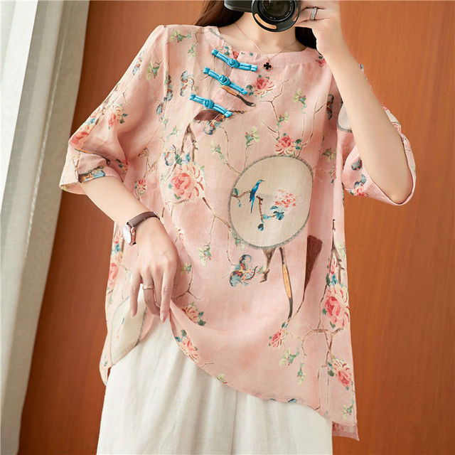 Elegancka bluzka Hanfu stilu Retro w modzie orientalnej dla kobiet - Topy Chińskie nadruki lniane na bawełnianej tkaninie Tea Zen Shirt - tanie ubrania i akcesoria