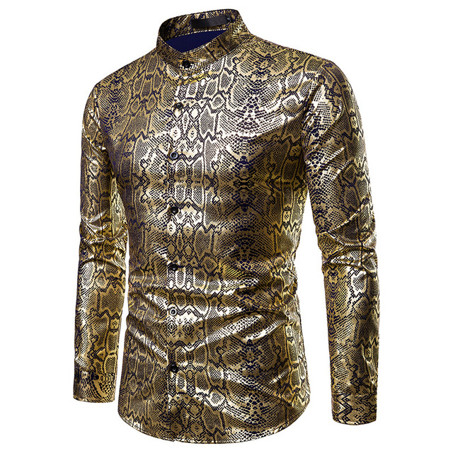 Męska koszula nocna klubowa z długim rękawem - wielobarwna, powlekana złotem, w brązowym drukowanym wzorze - tanie ubrania i akcesoria