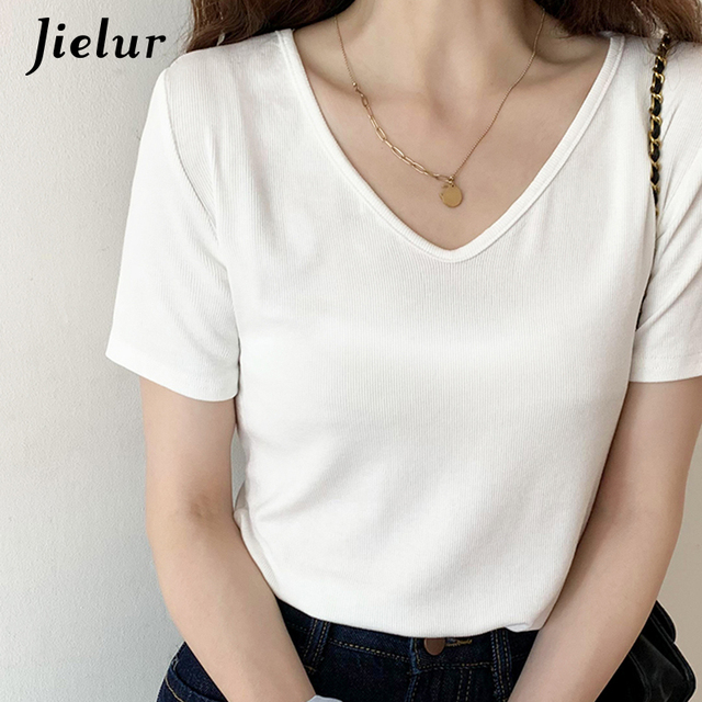 Czarne damskie t-shirty Jielur - chudy krój, jednolity kolor, miękki materiał, wygodny V-Neck - kolekcja lato 2021 - rozmiary S-XL - tanie ubrania i akcesoria