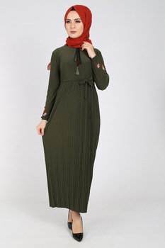 Sukienka z długim rękawem sisal & bawełna z haftem - jesień/zima 2021