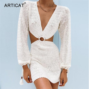 Letnia sukienka Articat 2021 z długim rękawem, dekolt V i odkrytym plecami - biała mini sukienka swobodna