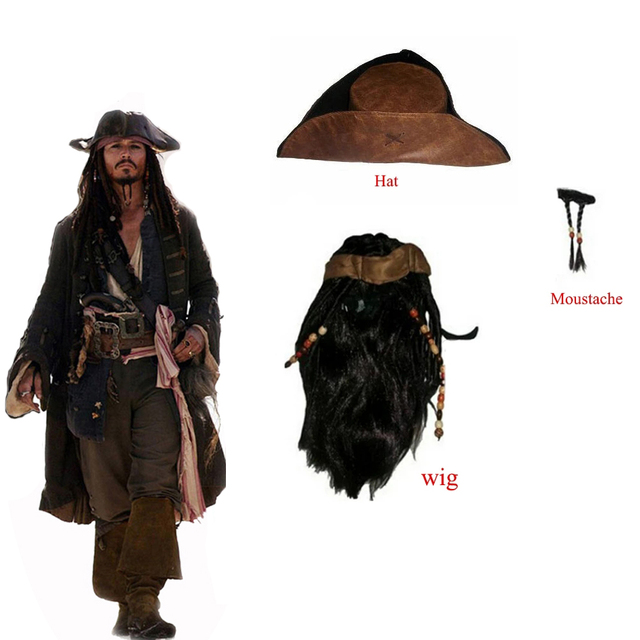 Peruka kapitana Jacka Sparrowa z kapeluszem pirackim - kostium na Halloween dla dorosłych Unisex Pu + akcesoria cosplay z piratów z Karaibów - tanie ubrania i akcesoria