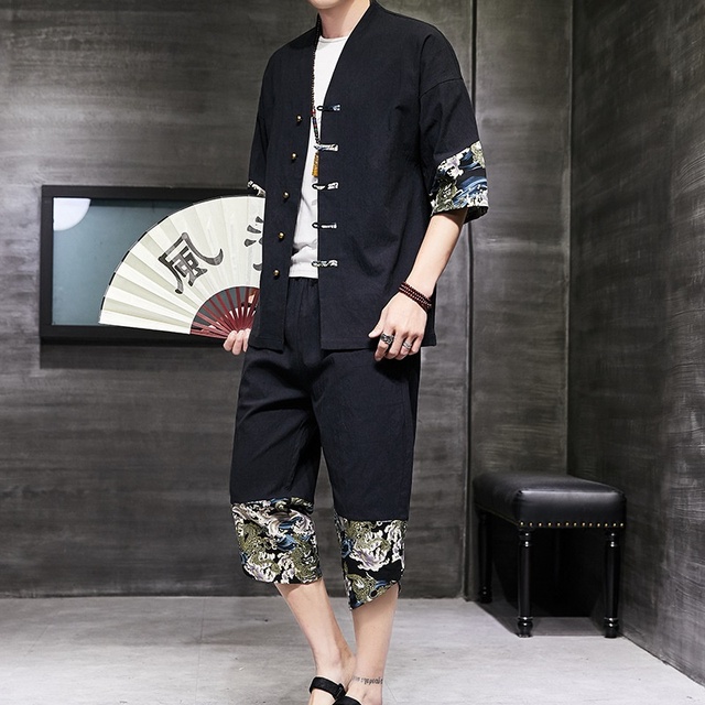 Luźny męski zestaw odzieży w stylu chińskim - dwuczęściowy kombinezon Tang Retro KK3720 - tanie ubrania i akcesoria