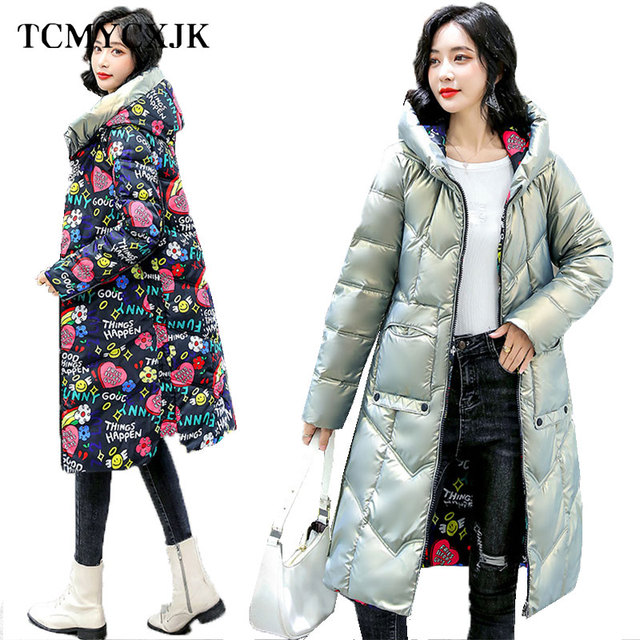Kurtka zimowa damska Graffiti - podwójne dwustronne napisy, nowy koreański styl, slim fit, poniżej kolan, gruby płaszcz - tanie ubrania i akcesoria
