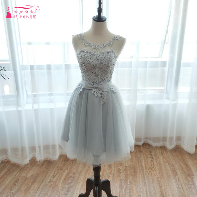 Srebrne kolankowe koronkowe suknie dla druhen, wysokiej jakości - ZB011 - tanie ubrania i akcesoria