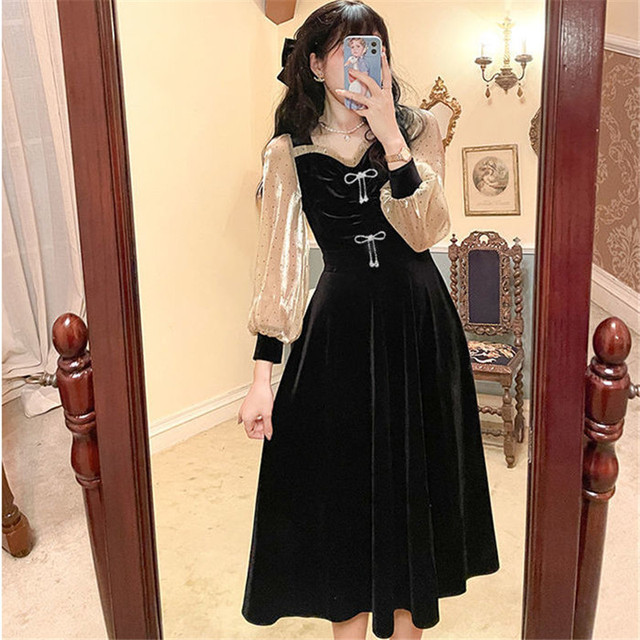 Czarna sukienka vintage z długim rękawem midi aksamitna elegancka vestidos princess na imprezę - tanie ubrania i akcesoria