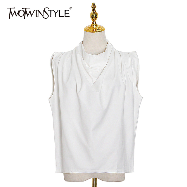 Duża biała koszulka damska bez rękawów, styl minimalistyczny - Twotwinstyle T-shirt 2020 - tanie ubrania i akcesoria