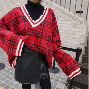 Koreański sweter damski Vintage z dekoltem w serek, długim rękawem i luźnym krojem - bluzka dzianinowa damskiego stylu Stright, moda zimowa 2021
