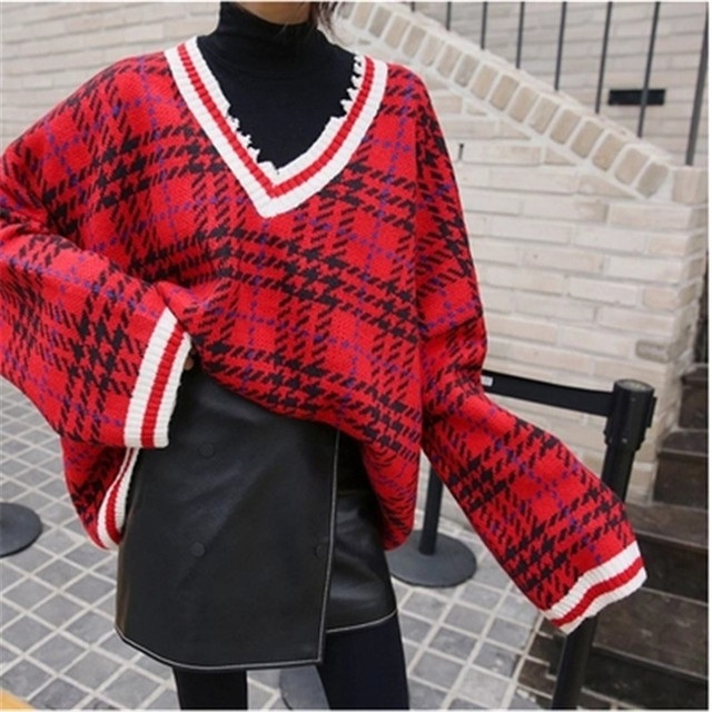 Koreański sweter damski Vintage z dekoltem w serek, długim rękawem i luźnym krojem - bluzka dzianinowa damskiego stylu Stright, moda zimowa 2021 - tanie ubrania i akcesoria