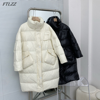 Duża kurtka zimowa damska rozmiar plus ze 100% białym puchem kaczki i długimi rękawami, ciepła i puszysta z dużą kieszenią na przedzie