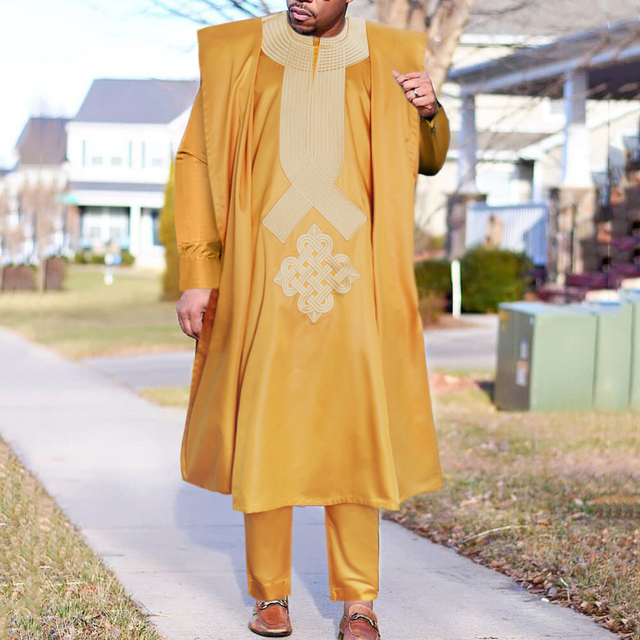 H&D Dashiki męskie Agbada afrykańskie ubrania Plus rozmiar Boubou Ankara hafty - zestaw 3 sztuki - tanie ubrania i akcesoria