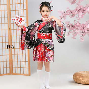 Japońska sukienka kimono dla dziewcząt z wzorem gejszy i kwiatów Sakura - idealna na karnawał i spotkania przy herbacie