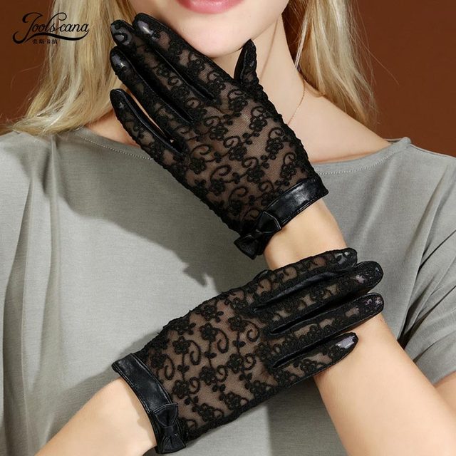 Rękawiczki damskie Joolscana koronkowe z prawdziwej skóry, ekran dotykowy, czarne, pełne palce, jesienne, nowa marka - moda z kokardką - tanie ubrania i akcesoria