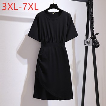 Nowa lato 2021 Sukienka Plus Size z krótkim rękawem dla kobiet duże, czarna Mini sukienka z cienkiej bawełny - 3XL-7XL