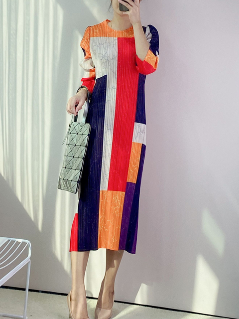 Sukienka damska Changpleat 2021 Issey Miyake wczesna jesień - długie rękawy, duży rozmiar, drukowane wzory - tanie ubrania i akcesoria