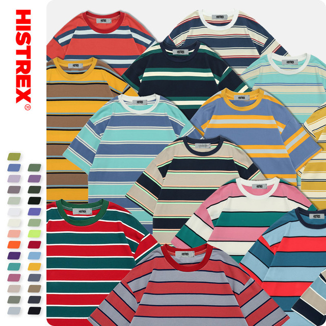 Koszulka męska HISTREX 33 kolorowe paski 100% bawełna 200g styl Vintage (49268) - tanie ubrania i akcesoria
