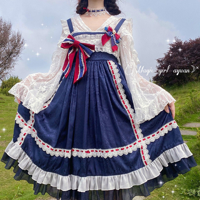 Japońska sukienka Lolita w stylu Harajuku - głęboki błękit, patchwork, słodki łuk - Baie sukienka Kawaii Jsk - tanie ubrania i akcesoria